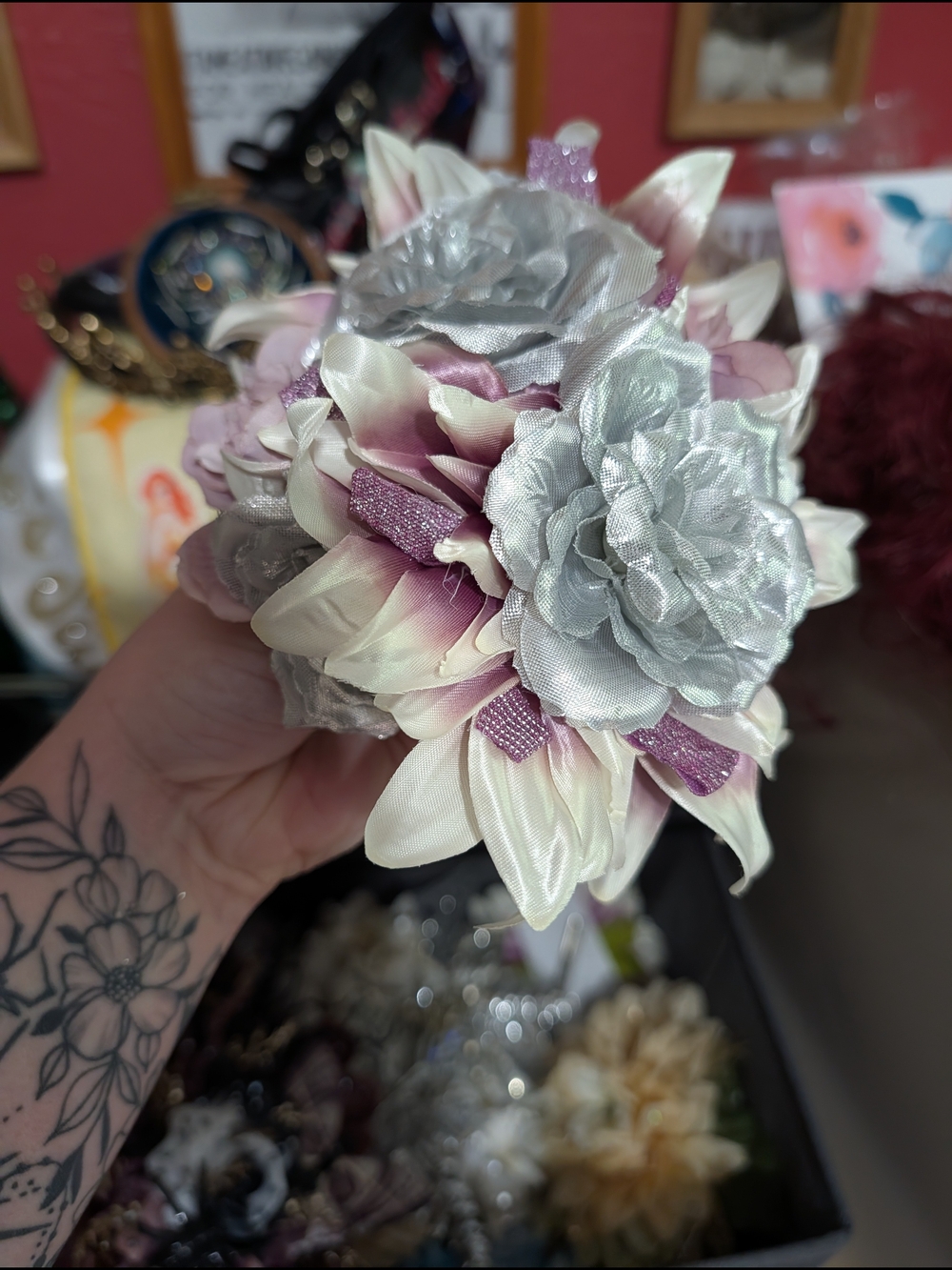 Pink & Silver Floral Hair Clips - Sparkling Petal Accents - Picture 10 of 12